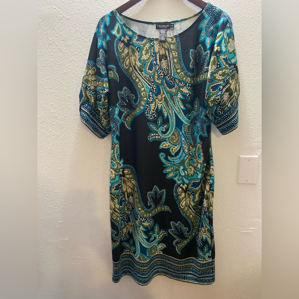 Roulette Women's Large Black and Teal Paisley Mid  Sleeve Dress